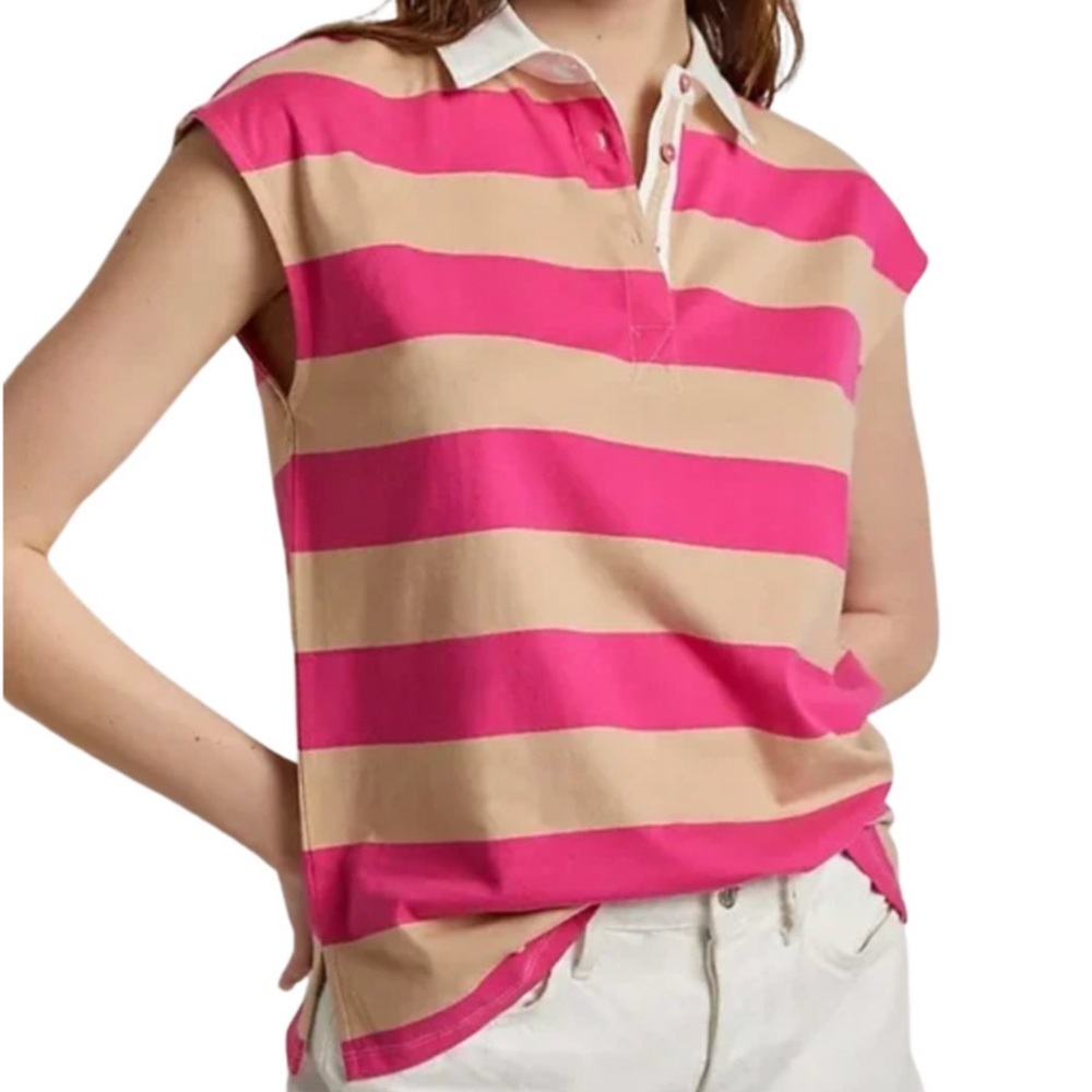 Anthropologie Maeve Polo Pink Tan Striped Sleeveless Top Pink